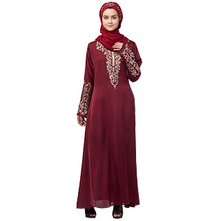 A-line abaya with Resham embroidery work- Maroon